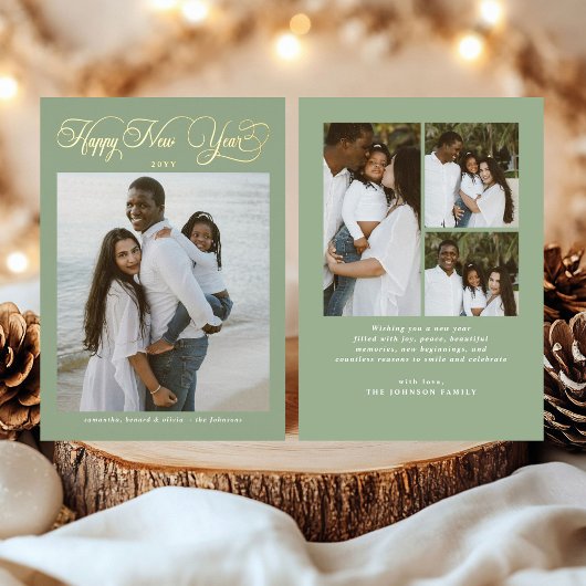 新年の家族の深緑4枚の写真コラージュ 箔シーズンカード
