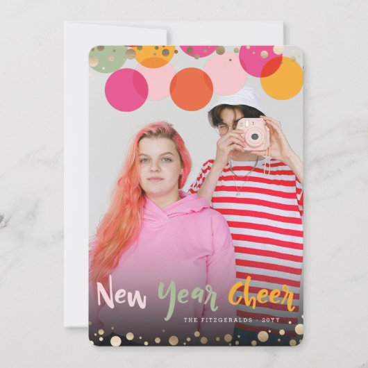 新年の応援おもしろいとカラフル紙吹雪ドット写真 シーズンカード (正面)