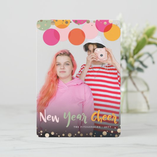 新年の応援おもしろいとカラフル紙吹雪ドット写真 シーズンカード (スタンド正面)