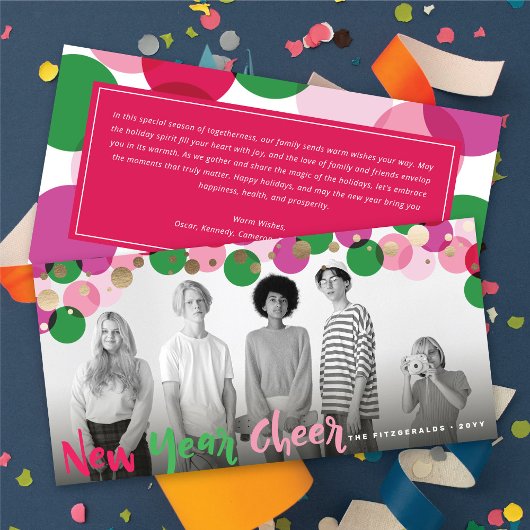 新年の応援おもしろいとカラフル紙吹雪ドット写真 シーズンカード