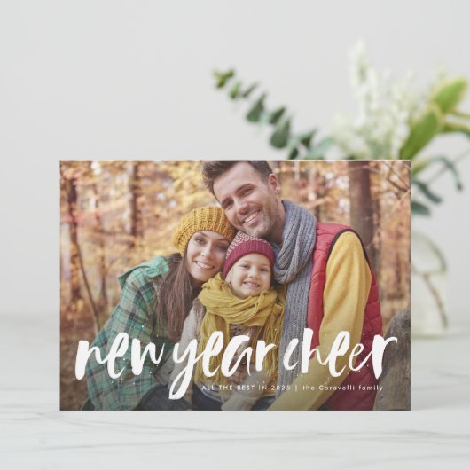 新年の応援よくはしゃぐファンキー書の写真カード (スタンド正面)