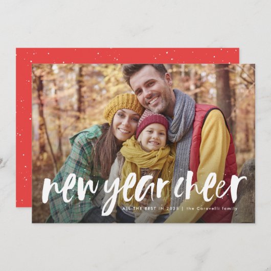 新年の応援よくはしゃぐモダン写真カード (正面/裏面)