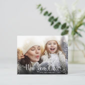 新年の応援スモダンクリプト白スノーフレーク写真 シーズンポストカード (スタンド正面)