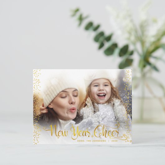 新年の応援モダンスクリプトシック金ゴールドドット写真 シーズンポストカード (スタンド正面)