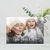 新年の応援写真ホワイト雪片スクリプトNavy シーズンカード (スタンド正面)