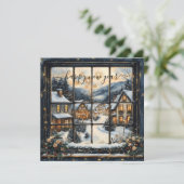 新年の挨拶とともに見る雪景色の村の窓辺 シーズンカード (スタンド正面)