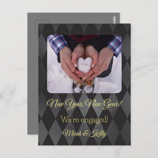 新年の新しいギア婚約のお知らせ ポストカード (正面/裏面)
