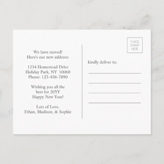 新年の新しいホームスクリプトフォトホリディムービング 案内ポストカード (裏面)