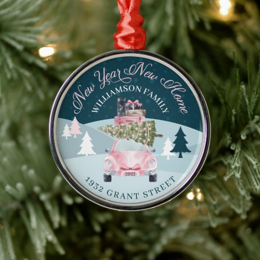 新年の新しいホームピンクレトロ車クリスマスムービング メタルオーナメント (ツリー)