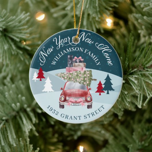 新年の新しいホームレッドレトロ車の写真の記念 セラミックオーナメント (ツリー)