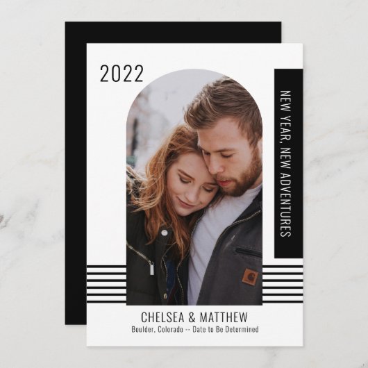 新年の新しい冒険フォトBW婚約Announ 案内状 (正面/裏面)