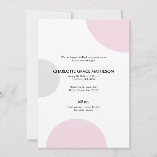 新年の新しい始まりピンクのドット赤ちゃん女の子の写真 案内状 (裏面)