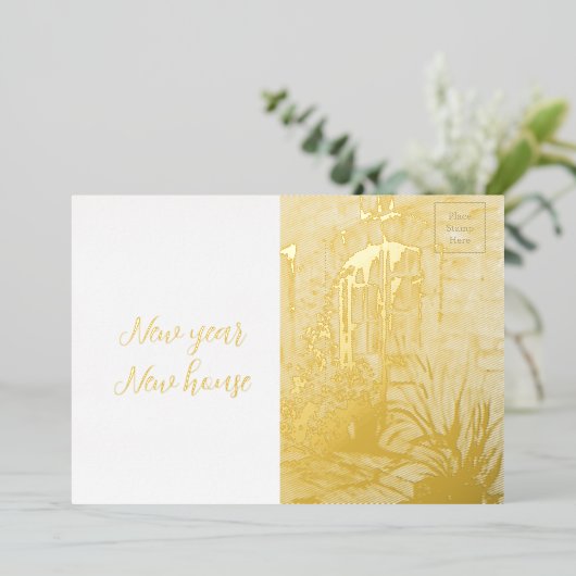 新年の新しい家ヴィンテージ水の色の家ポストカ 箔招待状 (立ち正面)