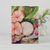 新年の新しい生命の水色時計のフローラブドウ 箔招待状 (立ち正面)