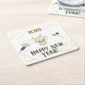 新年の時計、ストリーマー、スター、リボン スクエアペーパーコースター (アングル)