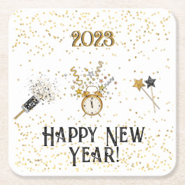 新年の時計、ストリーマー、スター、リボン スクエアペーパーコースター