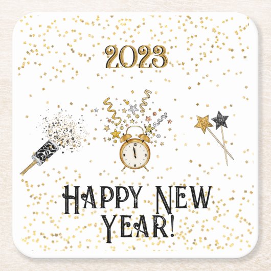 新年の時計、ストリーマー、スター、リボン スクエアペーパーコースター (正面)