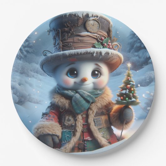 新年の木と雪だるま、クリスマス、作者ナット ペーパープレート (正面)