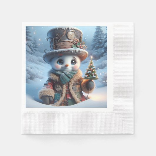 新年の木と雪だるま、クリスマス、作者ナット 縁ありカクテルナプキン (正面)