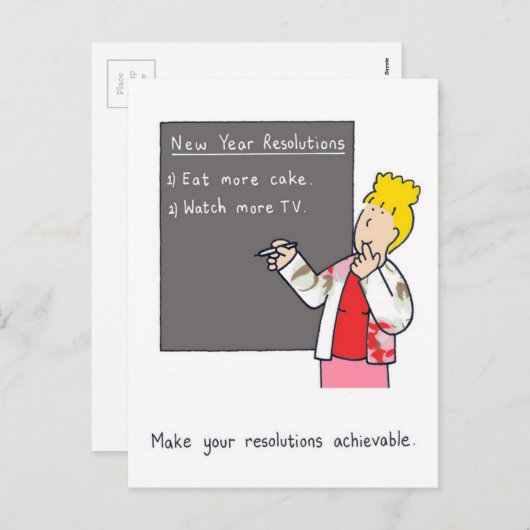 新年の決意ユーモアのケーキとテレビ シーズンポストカード