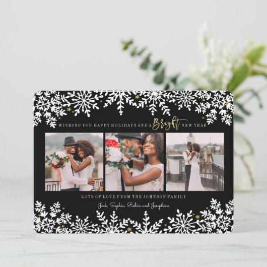 新年の祝日 |雪片 | 3枚のフォトカード シーズンカード (スタンド正面)