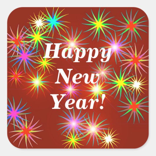 新年の花火が赤く輝く スクエアシール (正面)