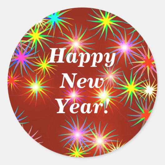 新年の花火が赤く輝く ラウンドシール (正面)