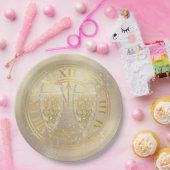 新年の金ゴールドシャンパングラスオンクロック ペーパープレート (パーティー)