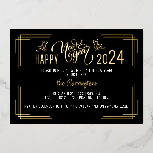 新年の金ゴールド&ブラックパーティー 箔招待状 (正面)
