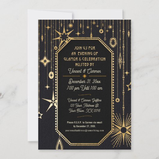 新年の願いブラック&金ゴールドパーティの招待状 招待状 (裏面)