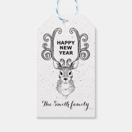 新年の魔法白黒トナカイ ギフトタグ