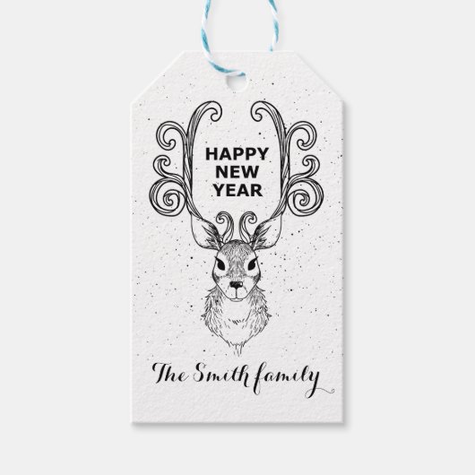 新年の魔法白黒トナカイ ギフトタグ (正面)