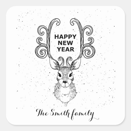 新年の魔法白黒トナカイ スクエアシール (正面)