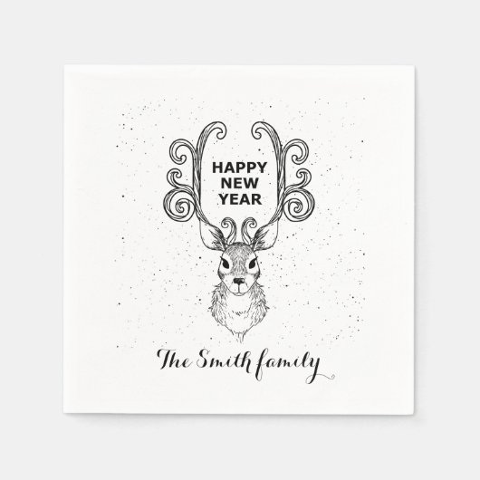 新年の魔法白黒トナカイ スタンダードカクテルナプキン (正面)