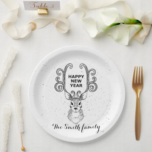 新年の魔法白黒トナカイ ペーパープレート (ウェディング)