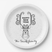 新年の魔法白黒トナカイ ペーパープレート (正面)