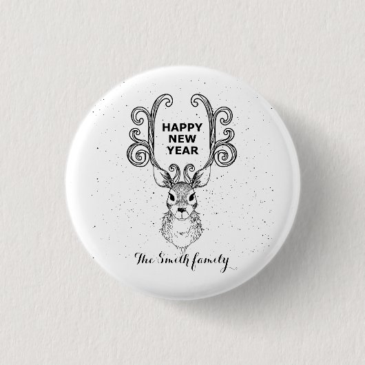 新年の魔法白黒トナカイ 缶バッジ (正面)
