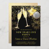 新年の2024年金ゴールドグリッターオンブラック 招待状 (正面/裏面)