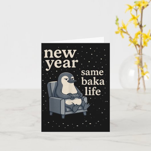 新年も相変わらずの馬鹿ライフ ペンギンのジョーク ゲーミング ビデオ カード (黄色い花)