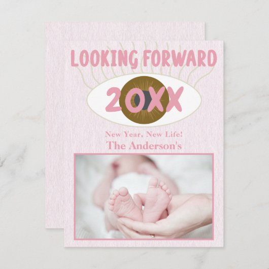 新年を楽しみに家族のお祝いピンク シーズンカード (正面/裏面)