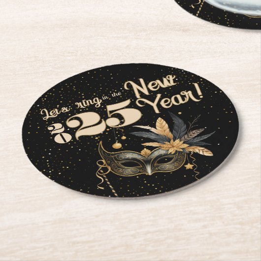 新年を祝おうグラマラスなブラックパーティー ラウンドペーパーコースター (アングル)
