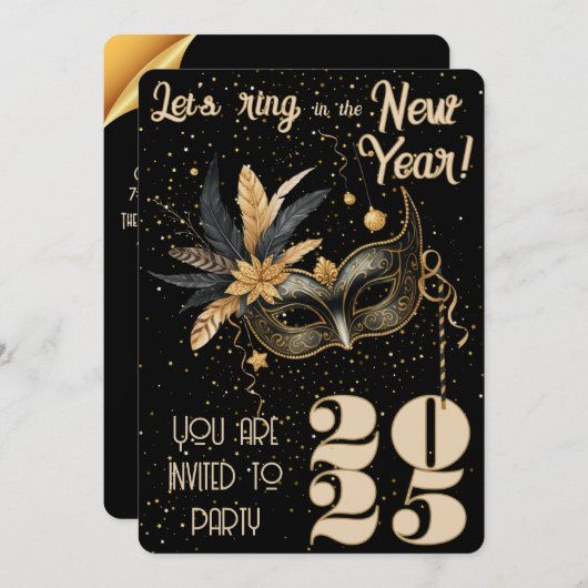 新年を祝おうグラマラスなブラックパーティー 招待状 (正面/裏面)