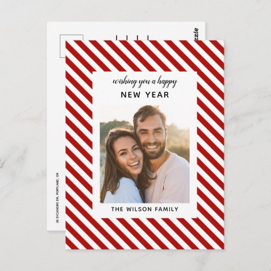 新年を迎えモダンる赤い白ストライプい写真 ポストカード (正面/裏面)