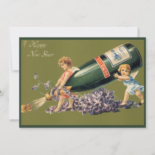 新年を迎え、シャンパンとヴィンテージ天使 招待状 (正面)