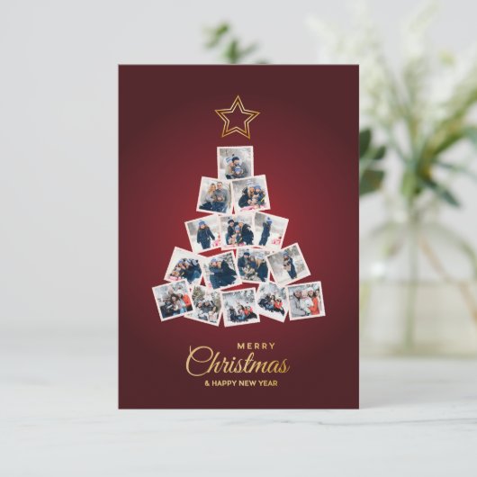 新年エレガントとクリスマスツリー15家族の写真 サンキューカード (スタンド正面)