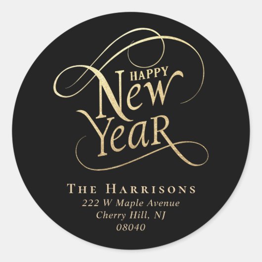 新年エレガントブラック金ゴールド差出人住所 ラウンドシール (正面)
