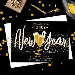 新年スタイリッシュシャンパン金ゴールド紙吹雪ブラック 招待状