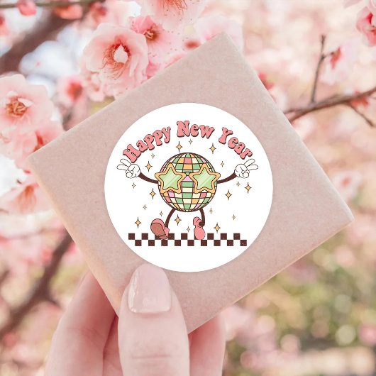 新年ディスコボールハッピーニューイヤーレトロ ラウンドシール