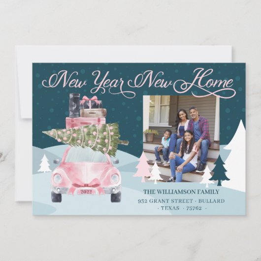 新年ニューホームシックなピンクのレトロ車の移動の写真 シーズンカード (正面)