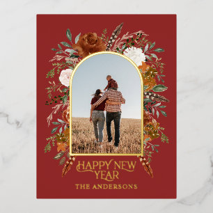 新年バジェット植物赤エレガント色伝統的 箔シーズンポストカード